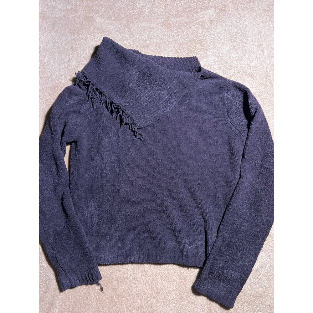 Tally Ho‎ Women Small Black Knitted Fleece Finge Neck Oversized Pullover Sweater